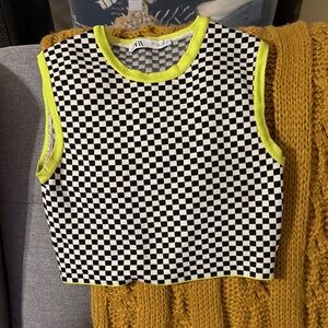 Zara Checkered Tank Top/Crop Top - Black, White, and Neon Green